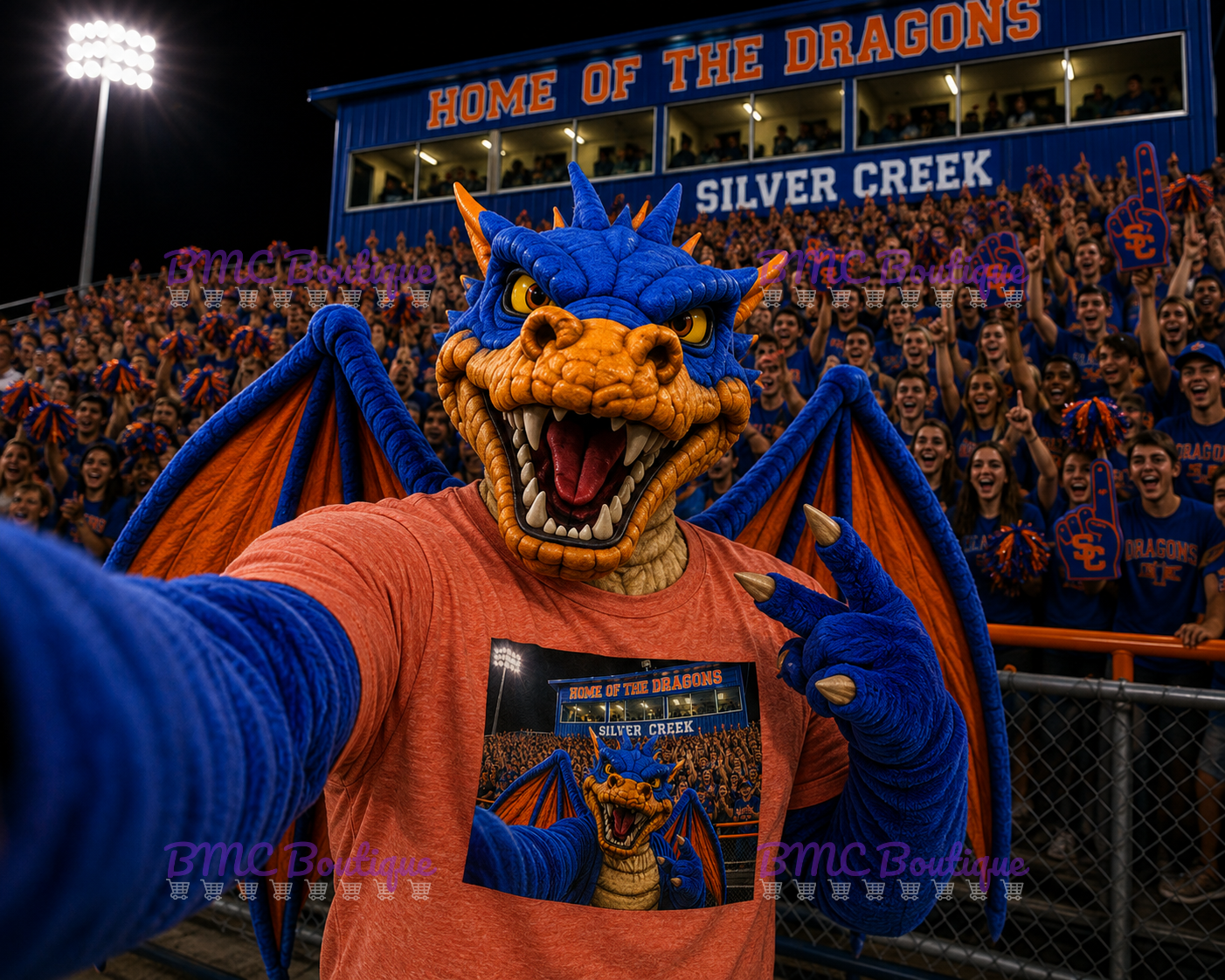 Dragon Mascot Football Stands Selfie Adult or Youth Unisex DTF Tshirt or Hoodie