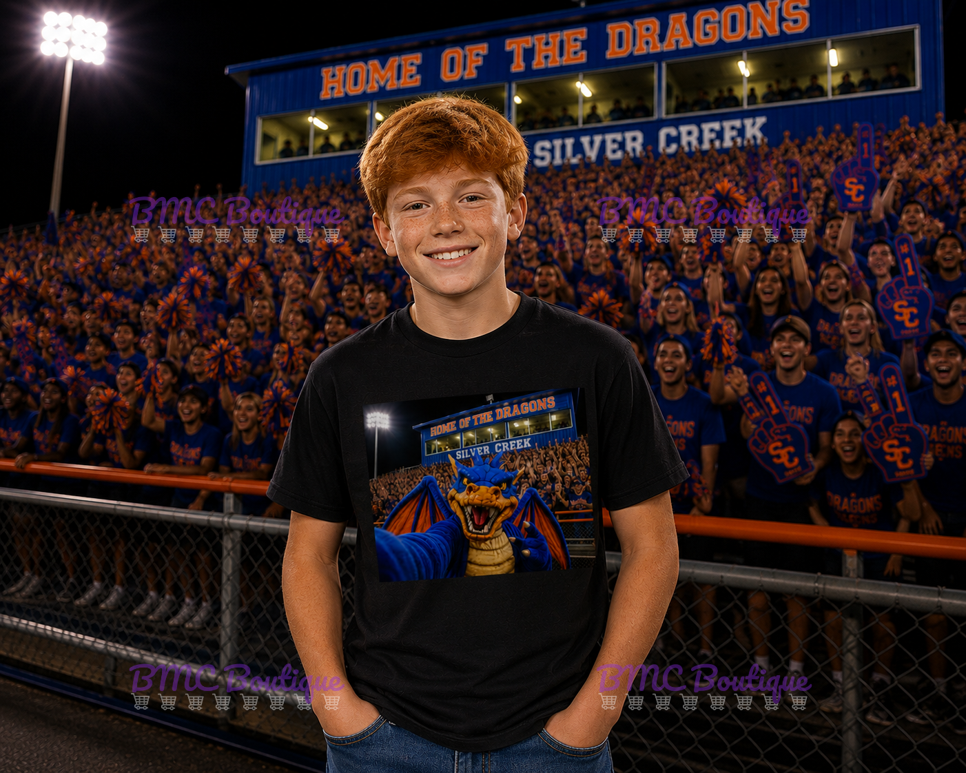 Dragon Mascot Football Stands Selfie Adult or Youth Unisex DTF Tshirt or Hoodie