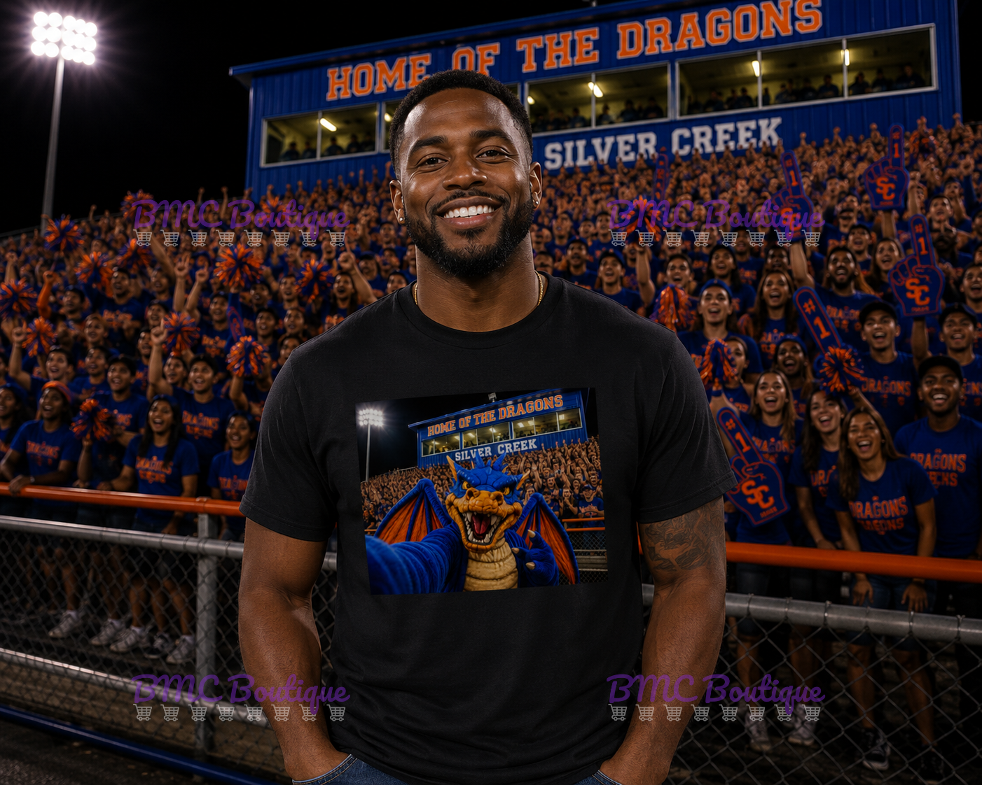 Dragon Mascot Football Stands Selfie Adult or Youth Unisex DTF Tshirt or Hoodie