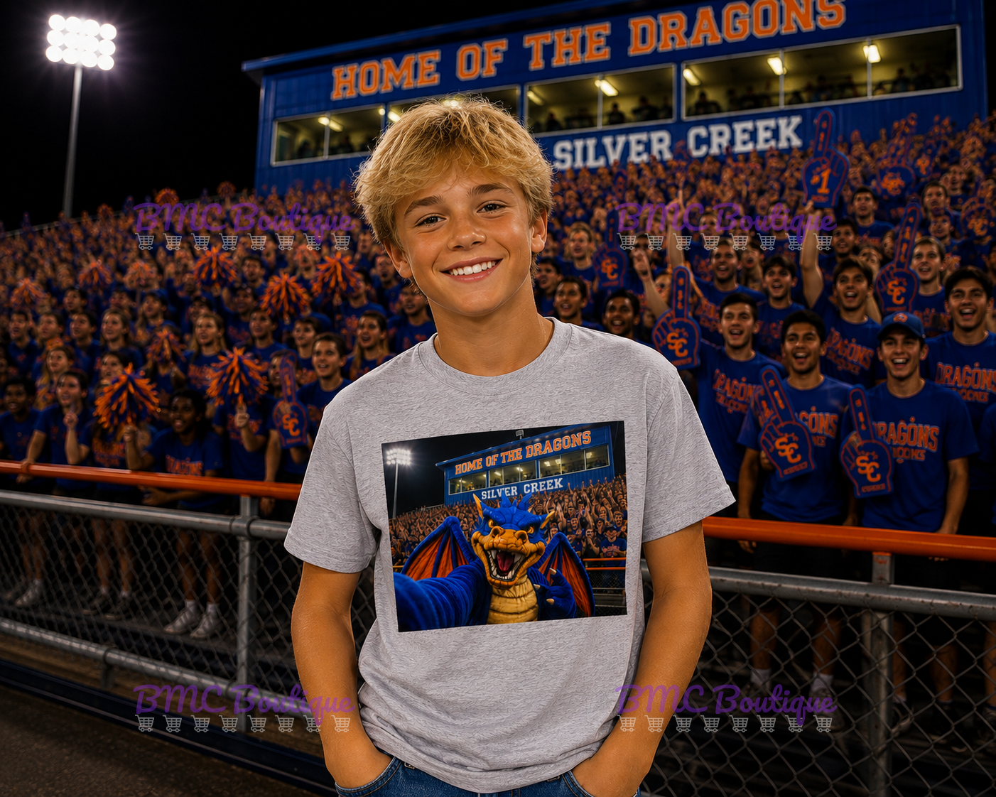 Dragon Mascot Football Stands Selfie Adult or Youth Unisex DTF Tshirt or Hoodie