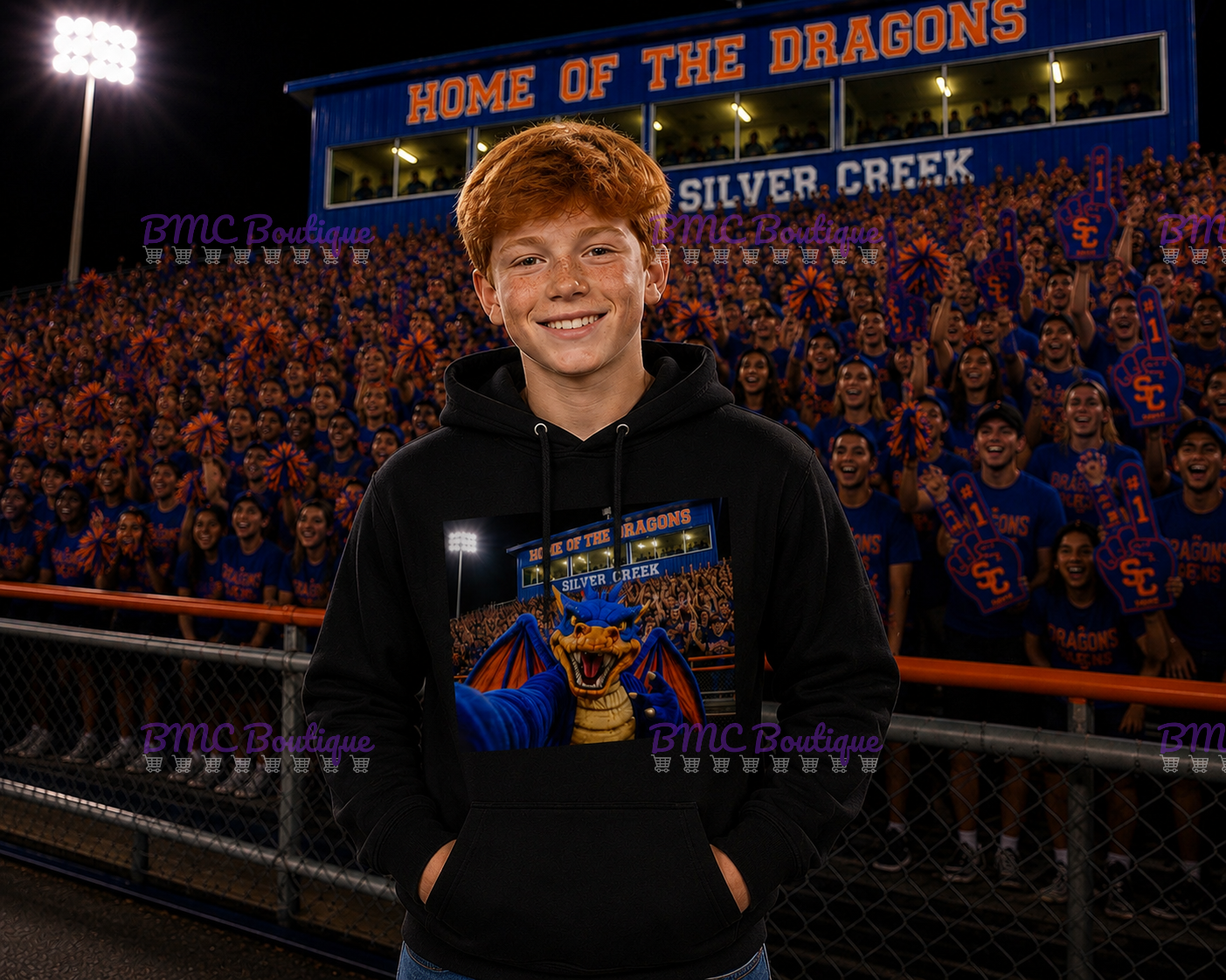 Dragon Mascot Football Stands Selfie Adult or Youth Unisex DTF Tshirt or Hoodie