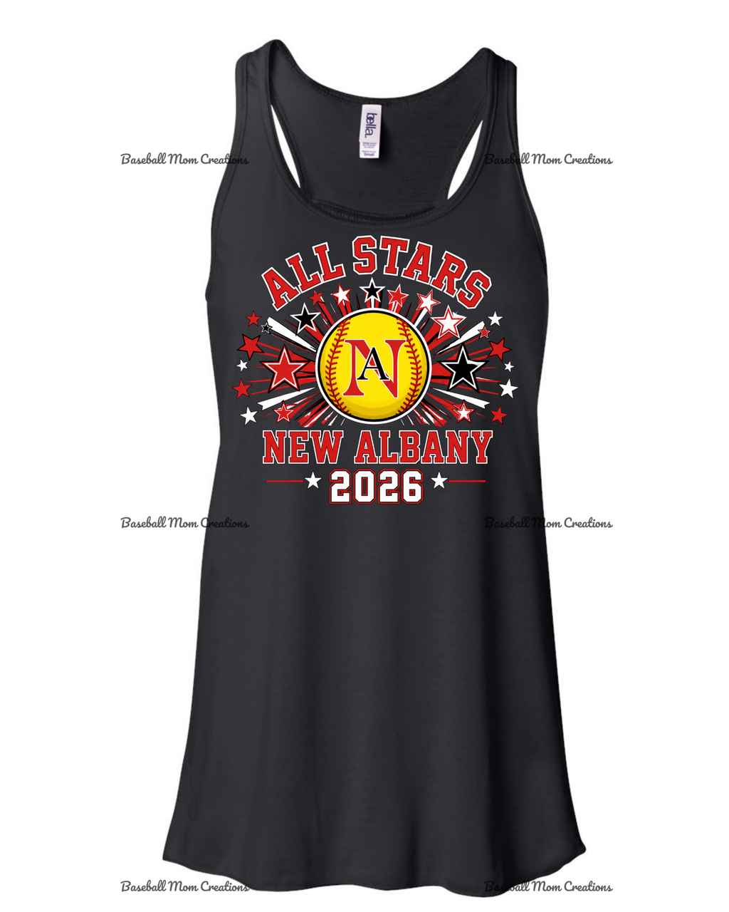 Women's & Girls Bella Flowy Racer Back New Albany LL Softball with star burst